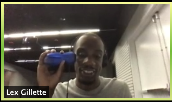 Presenter Lex Gillette holding up his goggles