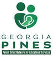 icon of two adults embracing an infant with text Georgia Pines Parent infant Network for Educational Services